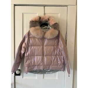 Duck Down Jacket with removable Fox Fur Collar iridescent pink shiny medium/ L